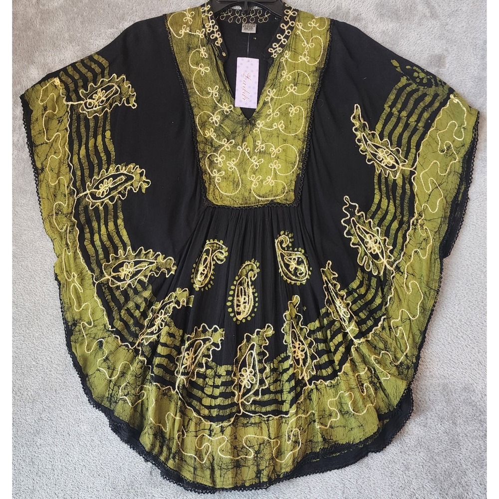 Laddi Shirt Womens OS Black Green Gold Batik Paisley Embroidered Kaftan Tunic